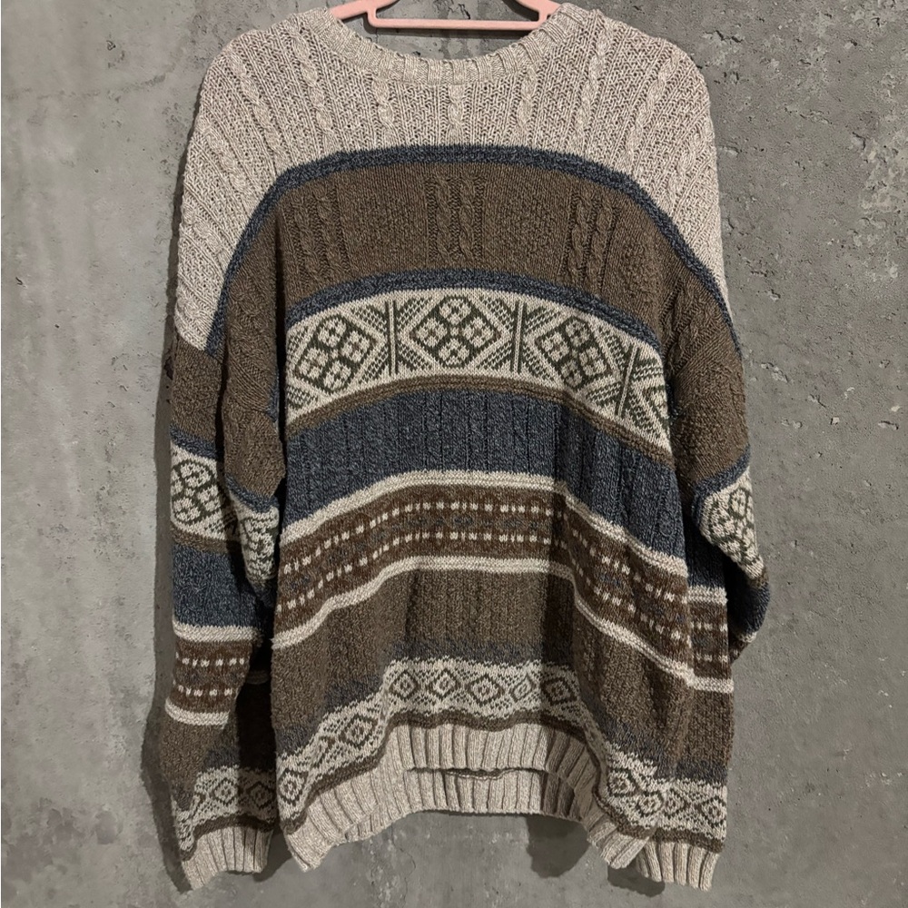 Cozy Knit Crewneck Sweater in Cream, Brown, and Blue